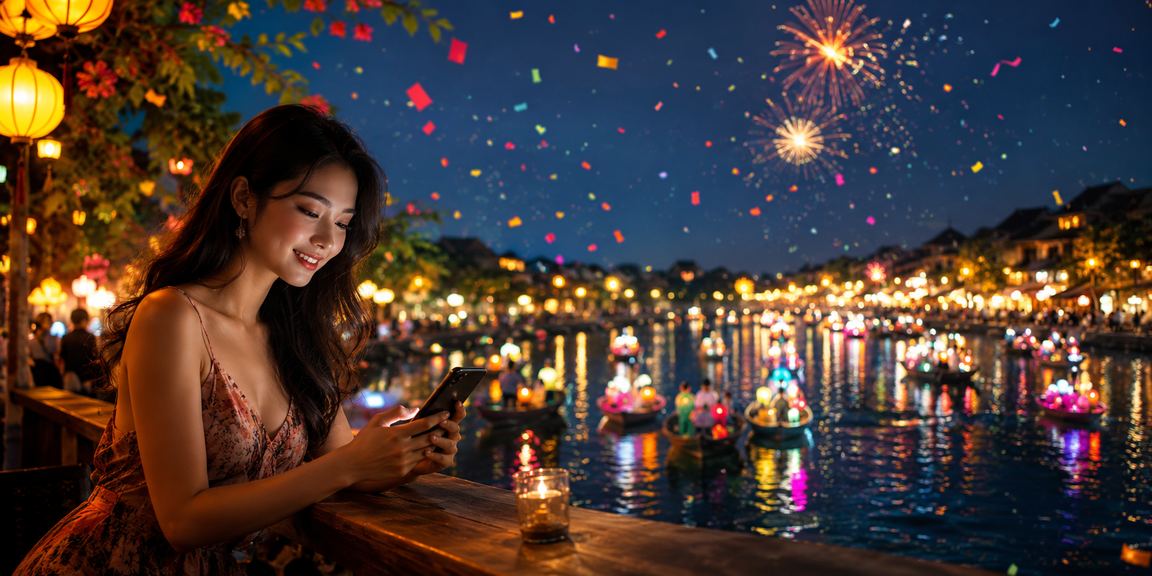 Người dùng tại Hội An ngồi quán cà phê dùng điện thoại chơi casino và xổ số trực tuyến