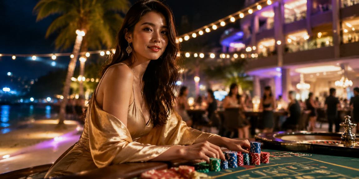 Người dùng tại bãi biển Phú Quốc chơi slot game trực tuyến trên điện thoại trong buổi chiều tà